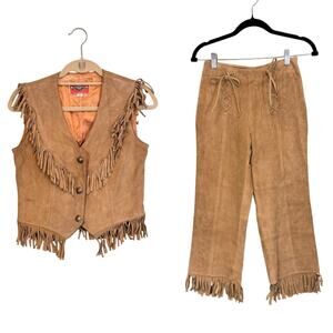 Vintage 60s 70s MS PIONEER Suede Vest & Pants Set Size 12 Western Fringe Cowgirl